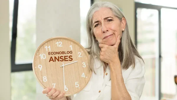 Jubilada sosteniendo un reloj de Anses