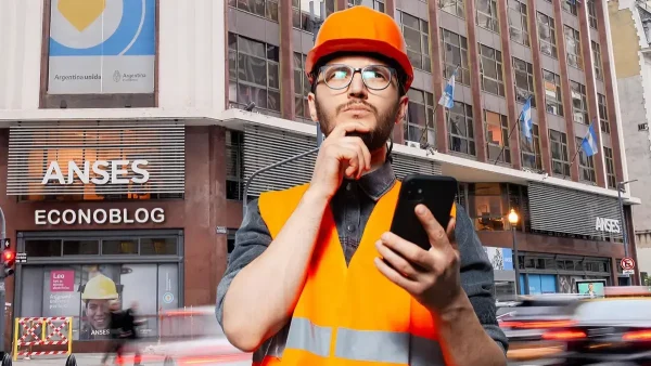 Trabajador pensando con su celular en Anses